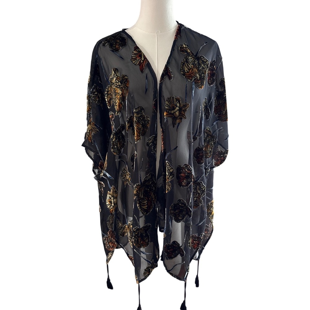 Japna Sheer Black Burnout Velvet Floral Kimono Tassel Wrap Small Boho Open Front